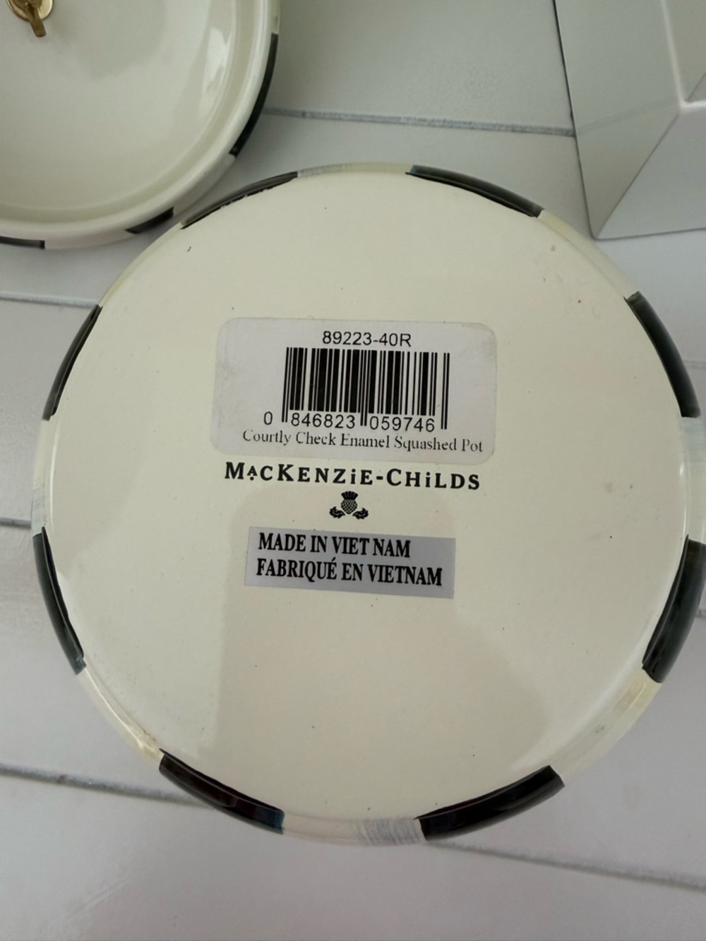 MacKenzie-Childs Black & White Check Lidded Jar with Gold Trim and Red Finial - Picture 4 of 6